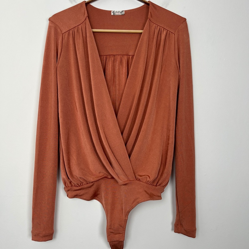 Free People Intimately Turnt Bodysuit Rust Orange‎ Long Sleeve Ruched Size XS